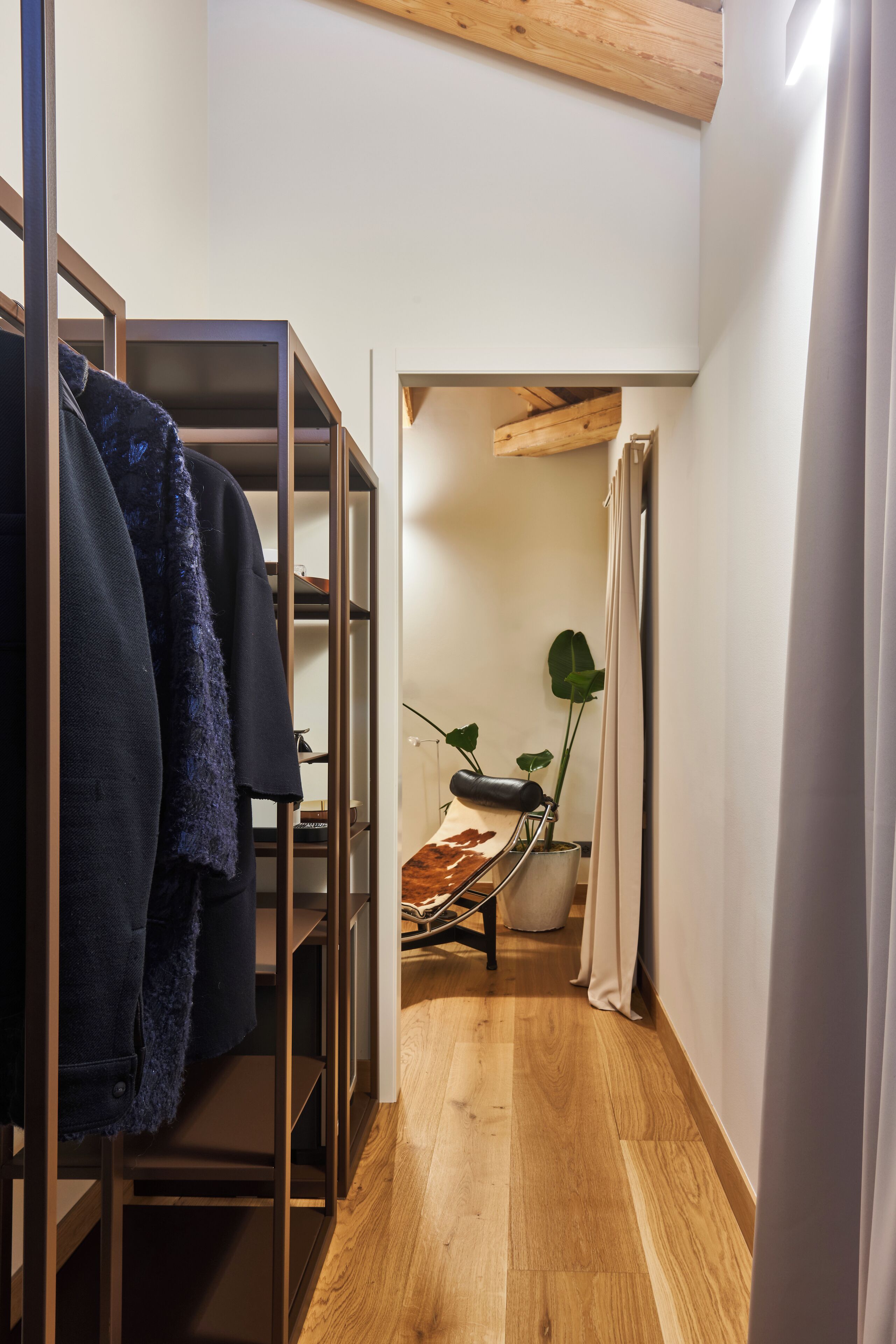 Un couloir étroit au plancher de bois, une étagère métallique sur le côté gauche et un lit avec une plante en arrière-plan.