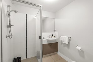 Chuveiro, secador de cabelo, toalhas de banho, sabonete