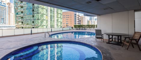 Outdoor pool, pool umbrellas, pool loungers