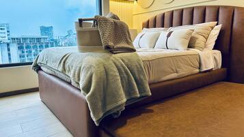 Individually decorated, laptop workspace, blackout curtains