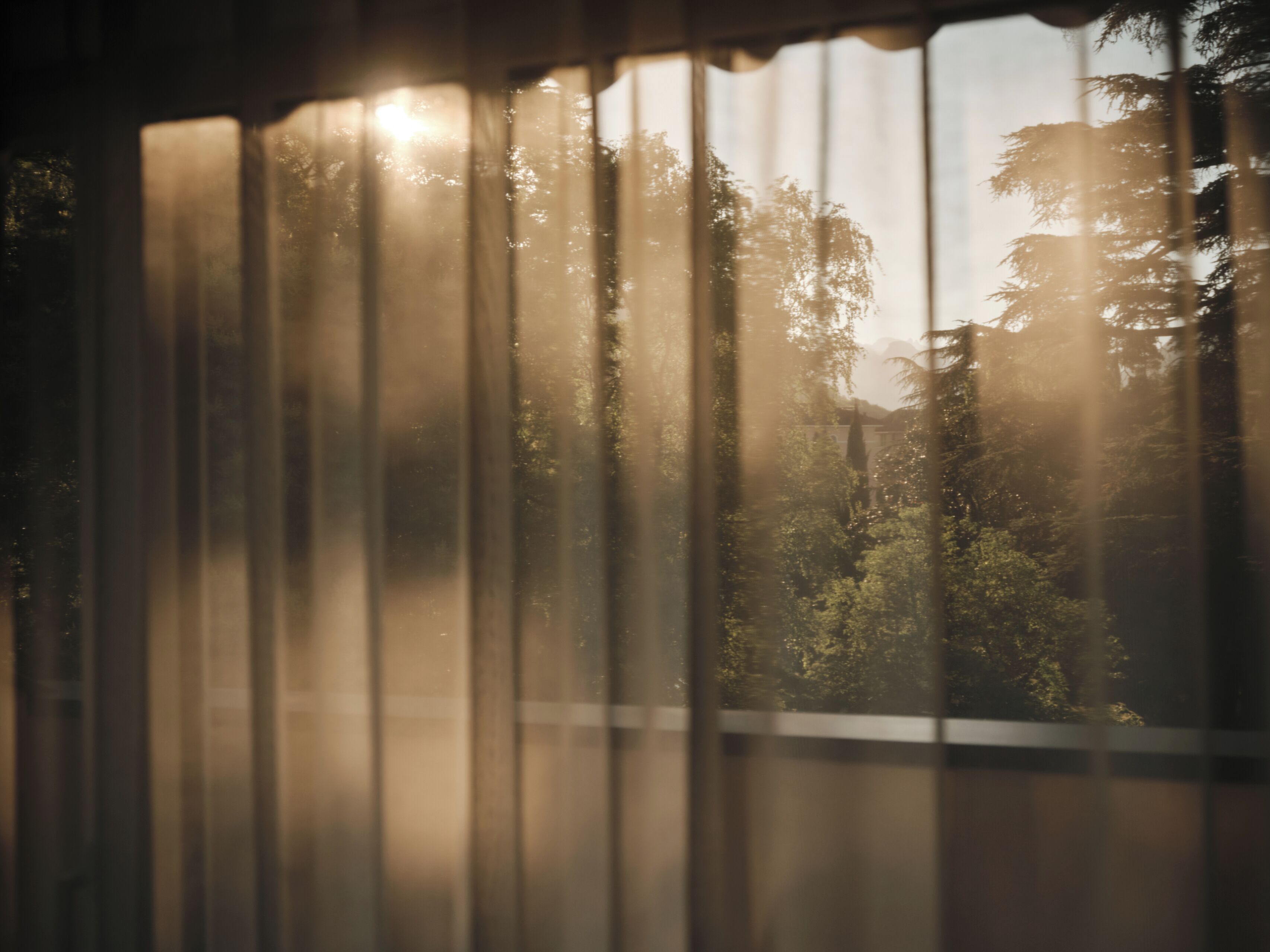 A window with vertical blinds partially open, allowing sunlight to filter through and illuminate a view of trees and a building.