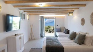 A room with a bed, a TV, a white cabinet, a window, and a door leading to an outdoor area.