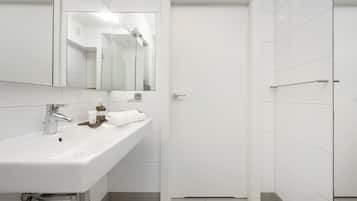 Shower, hair dryer, towels, shampoo