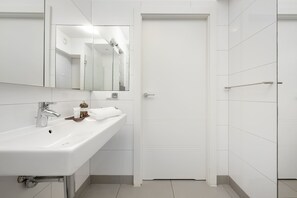 Shower, hair dryer, towels, shampoo