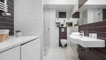 Shower, hair dryer, towels, shampoo