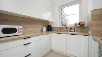 Frigorífico, microondas, horno y placa de cocina