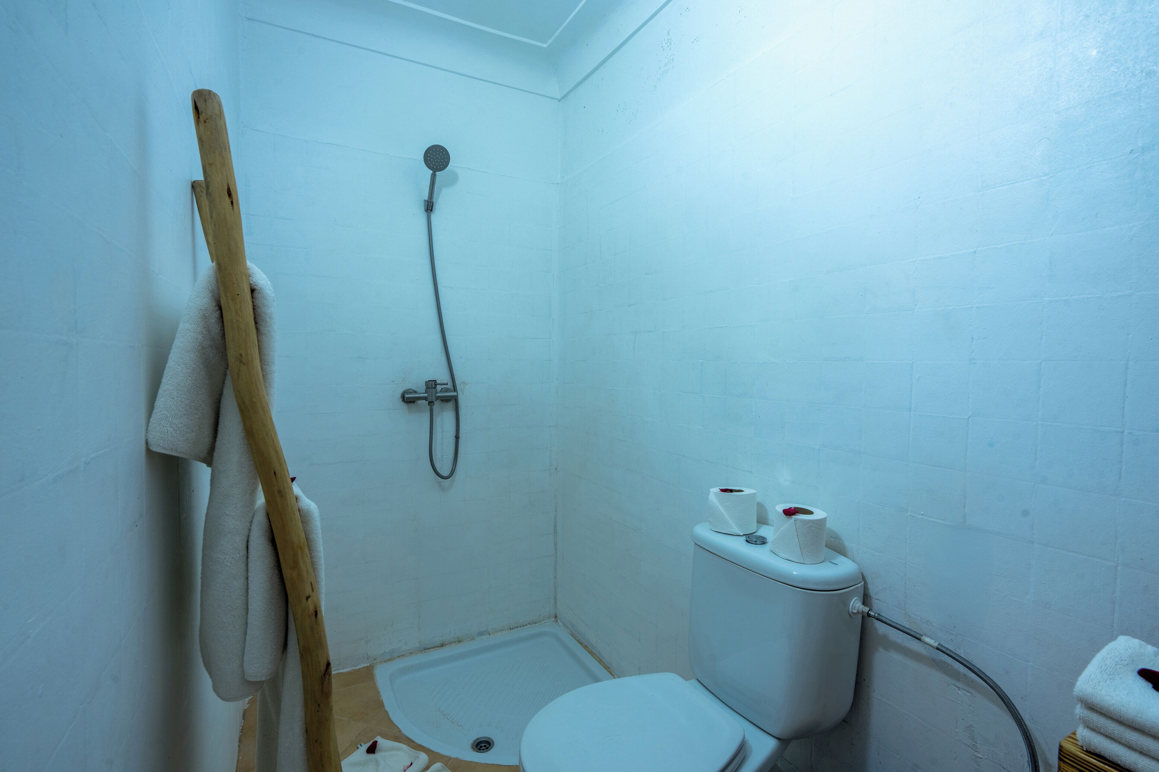 Un baño pequeño con paredes blancas, ducha, inodoro y un tendedero de madera.