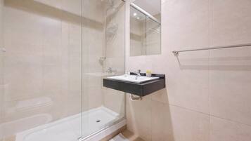 Regadera, secadora de cabello, toallas