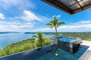 Ein Infinity-Pool mit freiem Blick auf das Meer und Palmen.