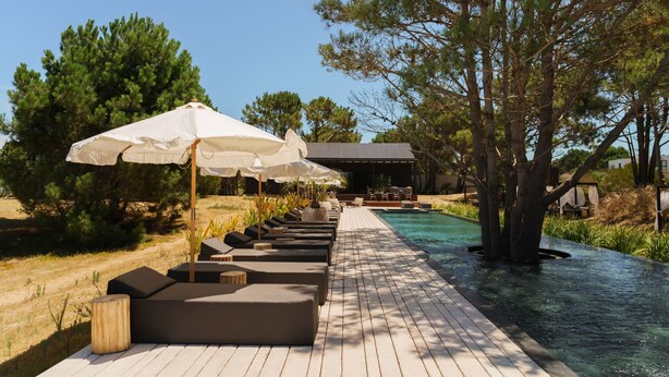 A poolside area with lounge chairs and umbrellas, surrounded by trees and a building in the background.