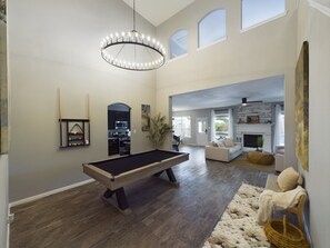 Smart TV, fireplace, table football, ping pong
