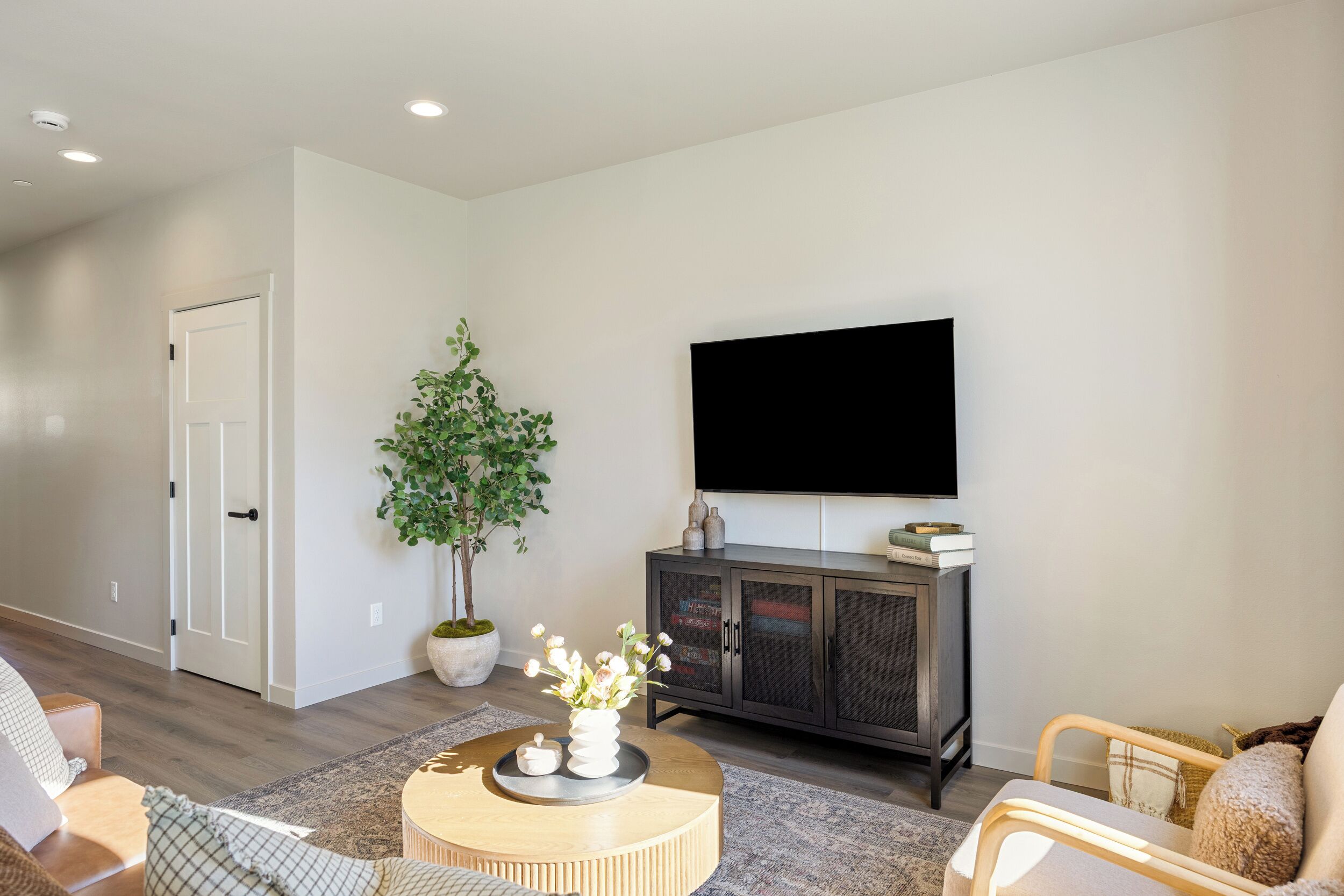 A living room with a flat-screen TV, a potted plant, a cabinet, and a round coffee table with decorative items.