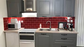 Frigorífico, microondas, horno y placa de cocina