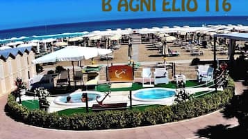 En la playa, sillas reclinables de playa, sombrillas