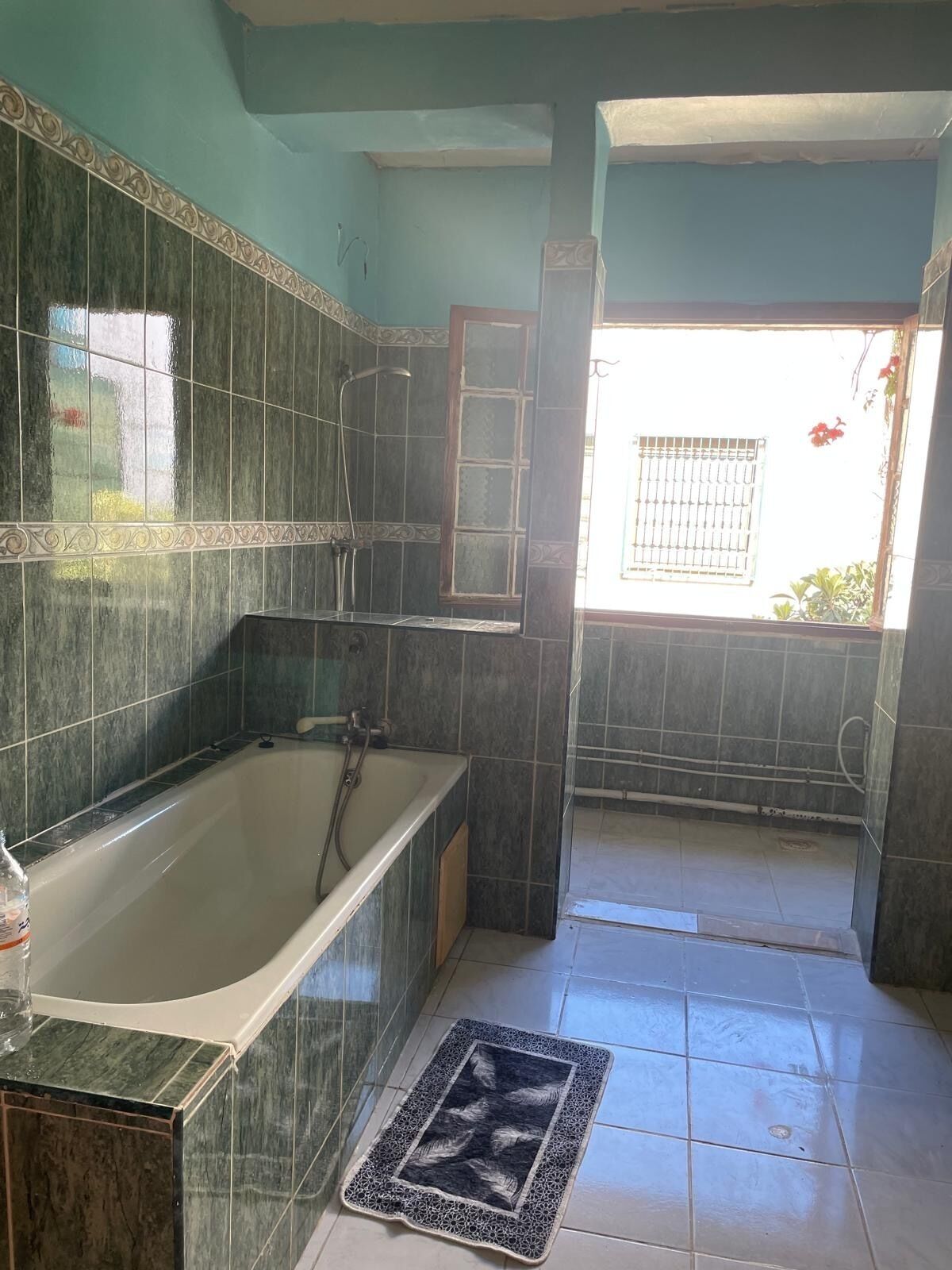 Un baño con bañera, ducha y ventana con vistas al exterior.