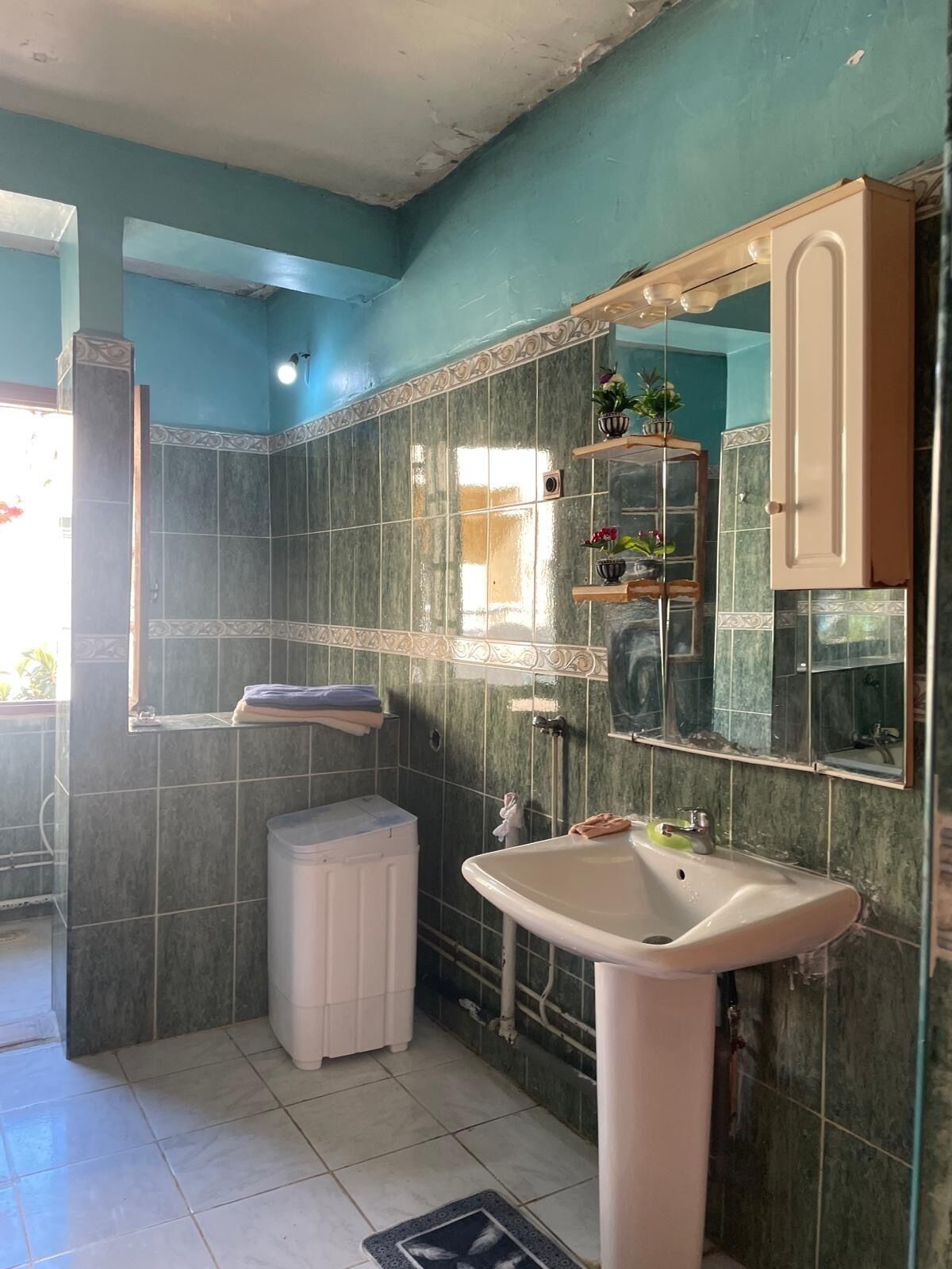 Secadora de cabello, toallas, jabón, papel de baño 