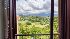 Una ventana con vistas a un paisaje verde y montañas al fondo.