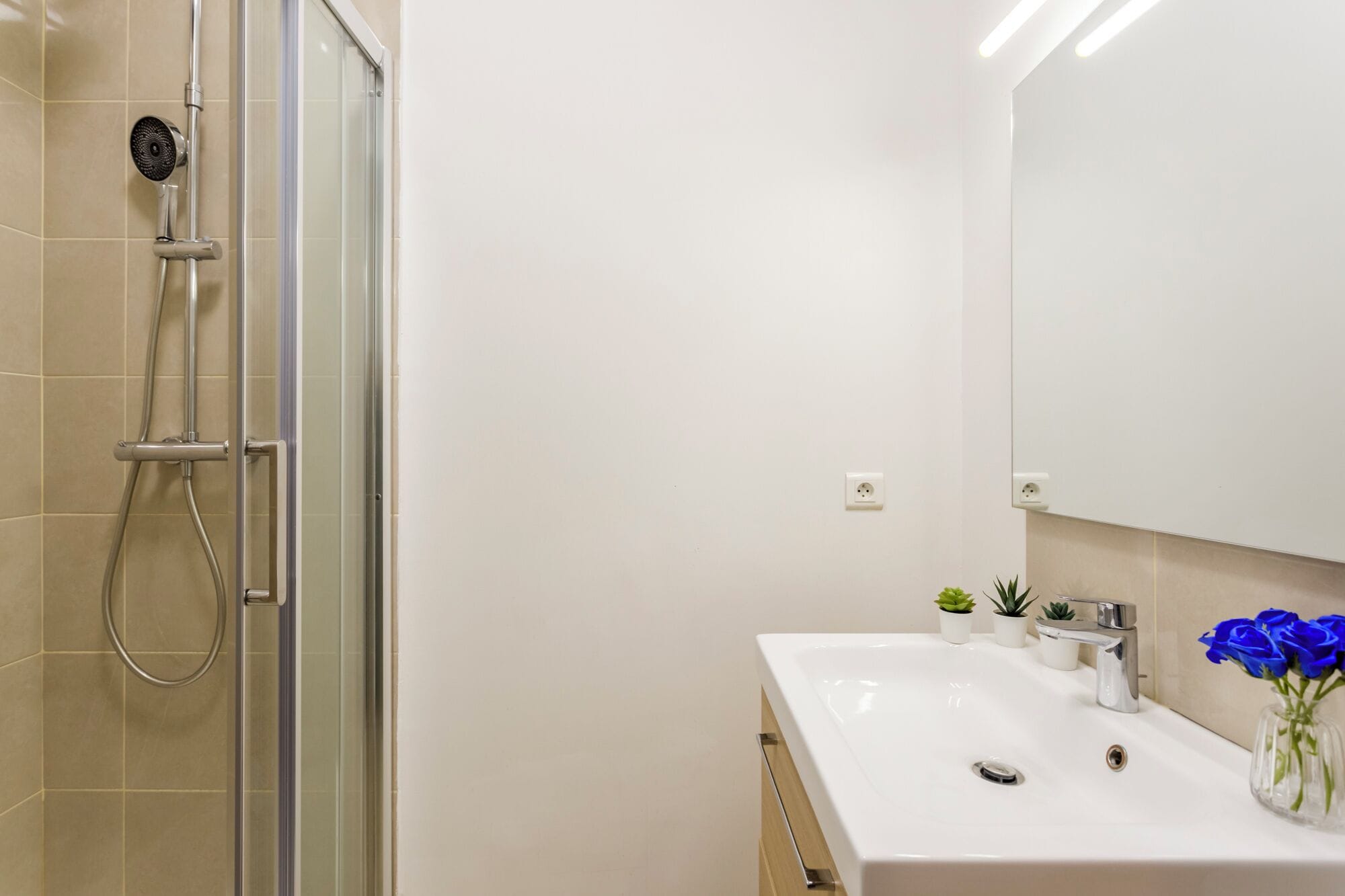 Une salle de bain moderne avec une douche à l’italienne en verre, un lavabo blanc avec un miroir et un vase rempli de fleurs bleues.