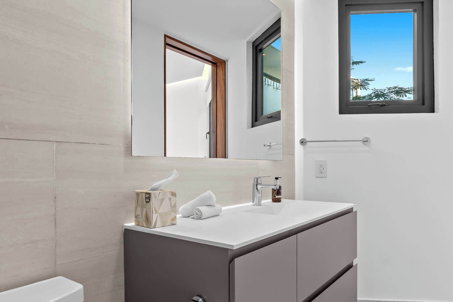 A modern bathroom with a white vanity, a mirror, and a window with a view of palm trees.