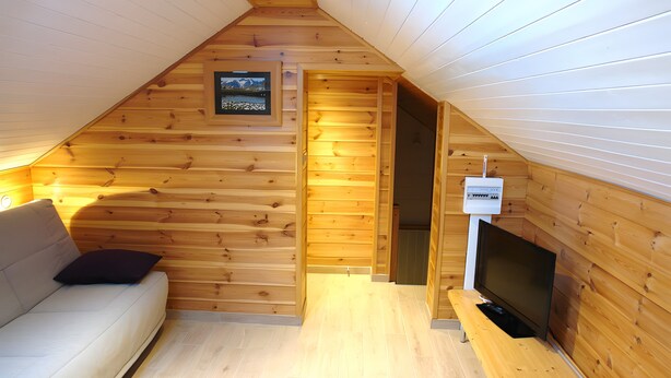 A cozy attic room with wooden walls, a sofa, a TV, and a framed picture on the wall.