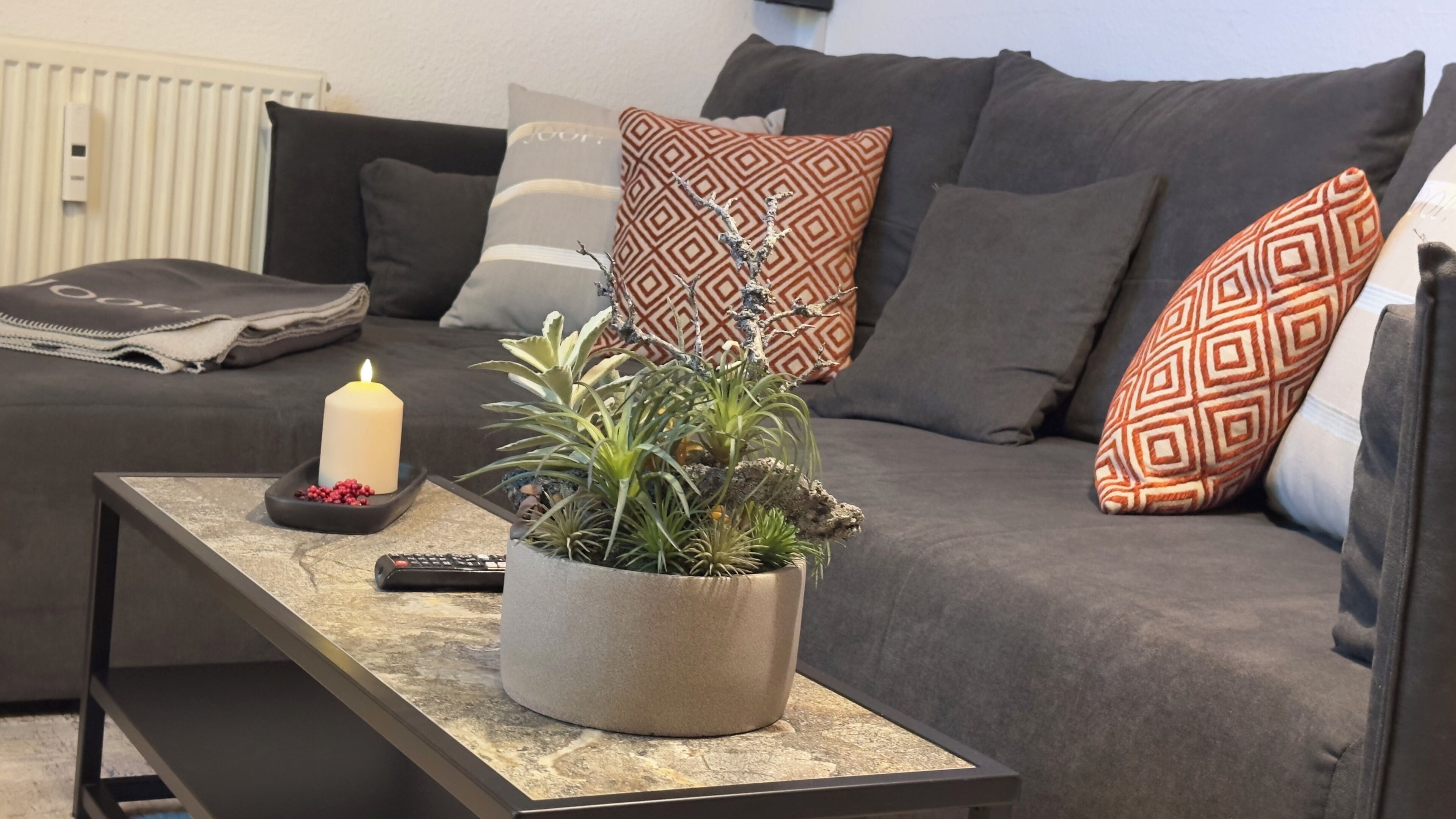 Un salon avec un canapé gris, des coussins à motifs, une petite plante en pot, une télécommande et une bougie allumée sur une table d’appoint.