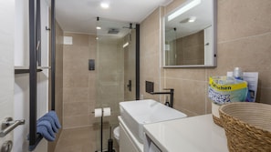 Shower, hair dryer, towels