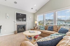 Smart TV, chimenea, reproductor de DVD y libros 