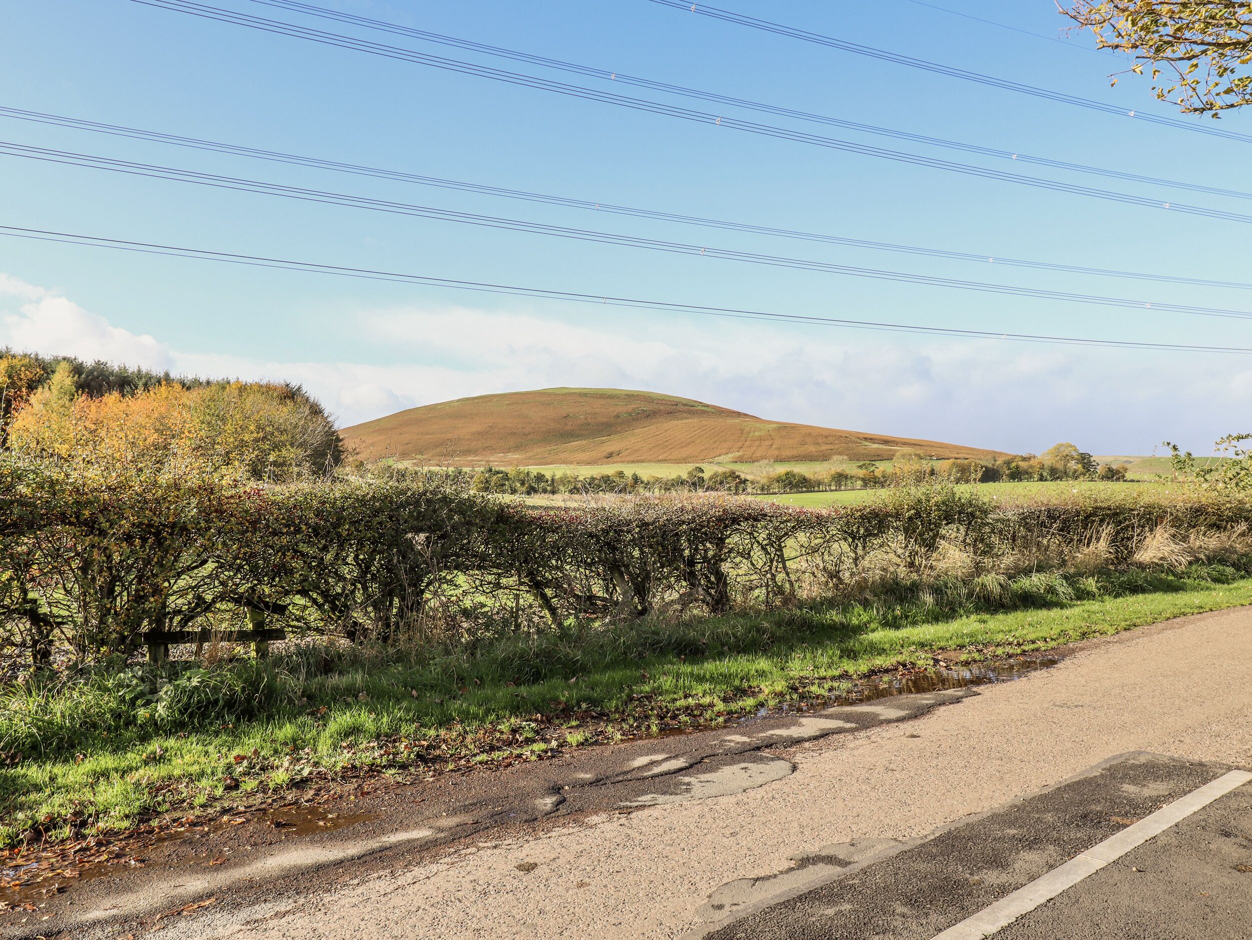 A rural road with a stone wall and vegetation on one side, and a hill in the background.