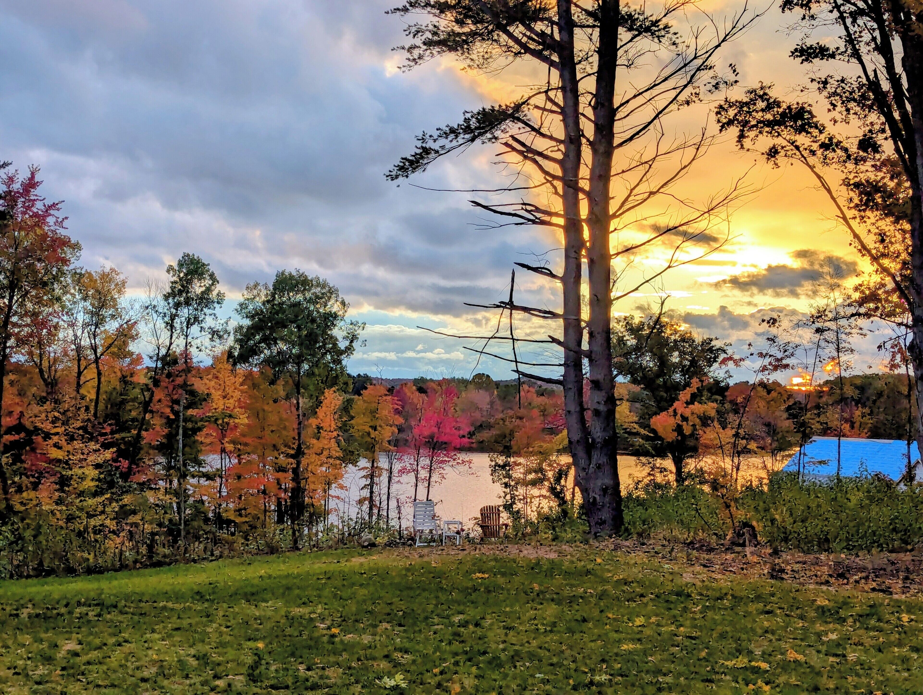 A serene lakeside view with autumn foliage and a sunset.