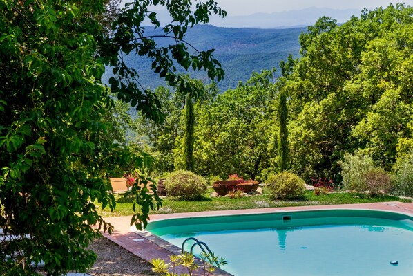 Une piscine entourée d’une végétation luxuriante, avec une vue sur les montagnes lointaines.