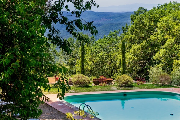 Une piscine entourée d’une végétation luxuriante, avec une vue sur les montagnes lointaines.