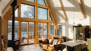 TV connectée, cheminée, livres, médiathÚque