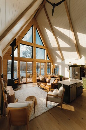 Smart TV, fireplace, books, music library