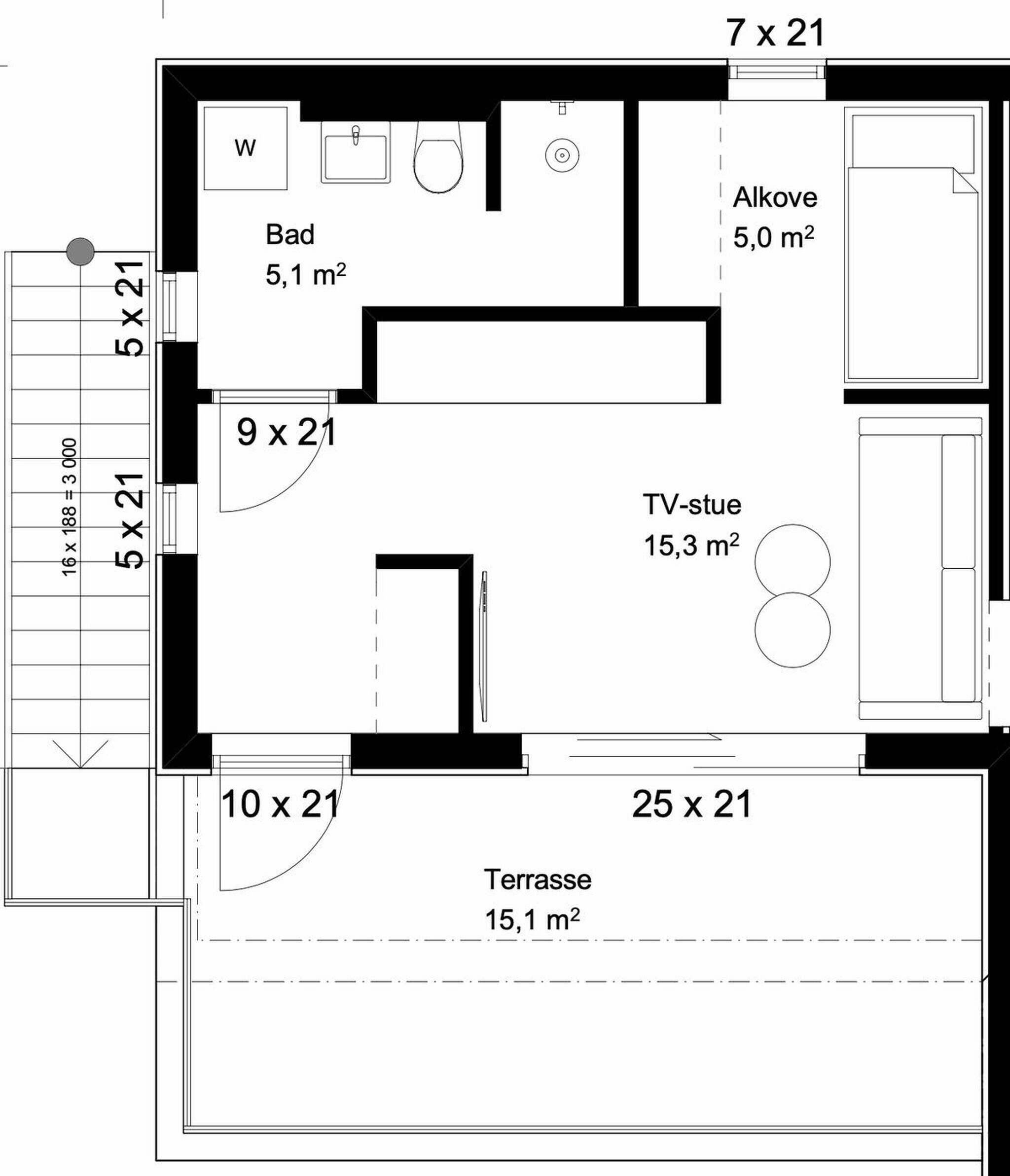A floor plan with a TV-stue (15.3 m²), a terrace (15.1 m²), a bathroom (5.1 m²), and an alcove (5.0 m²).