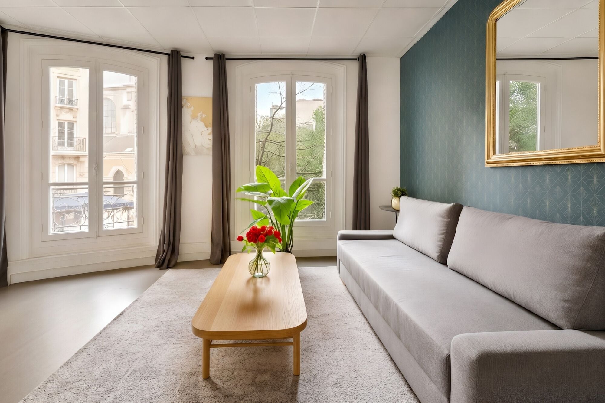 A modern living room with a sofa, a wooden coffee table with a vase of flowers, and a large mirror on the wall.