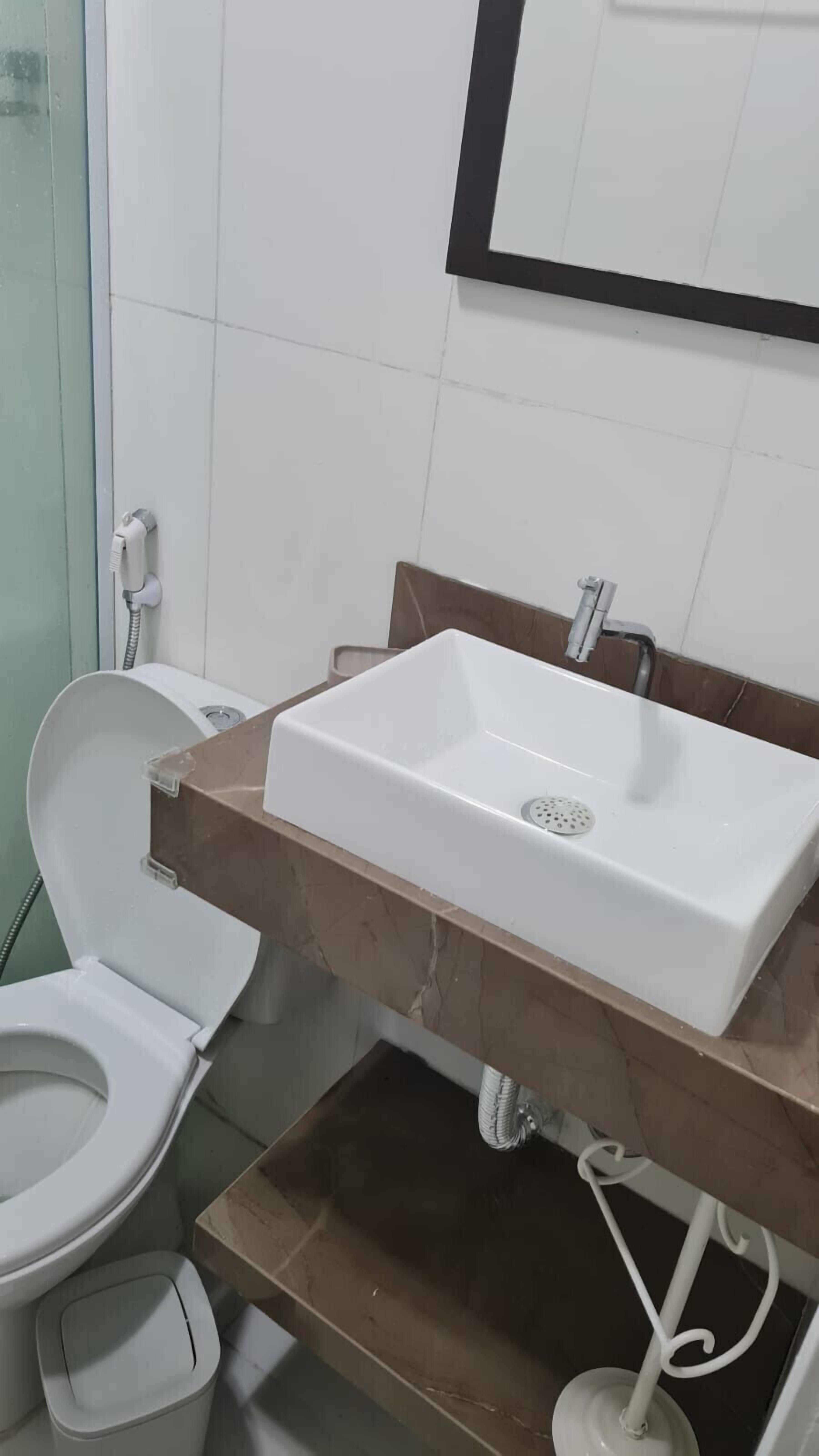 A bathroom with a white toilet, a white sink with a rectangular basin, and a mirror above the sink.