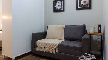 Una sala de estar moderna con un sofá gris, un armario blanco y dos cuadros con flores en la pared.