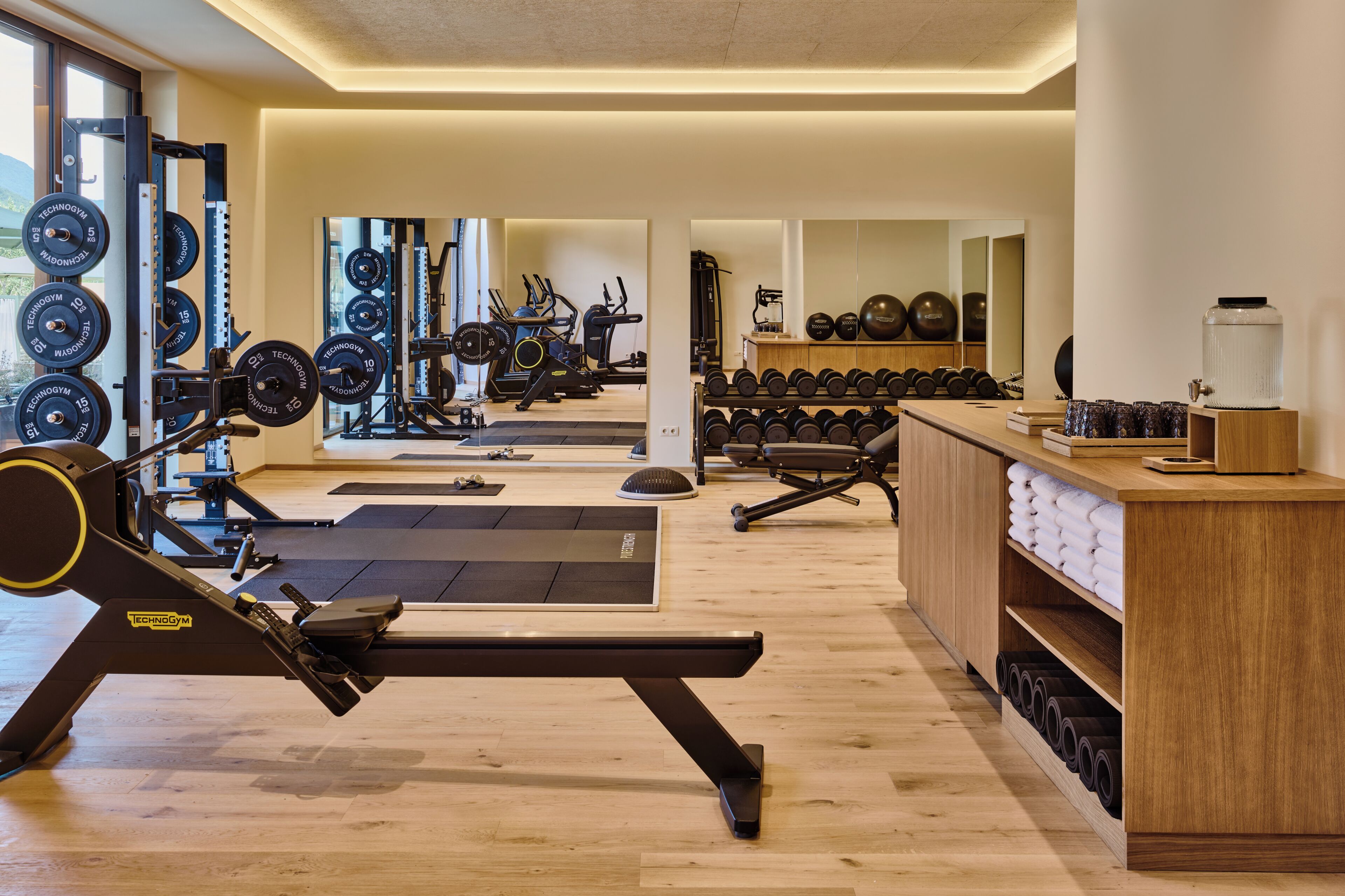 Un gimnasio moderno con diversos equipos de ejercicio, como una máquina de remo, mancuernas y discos de pesas.