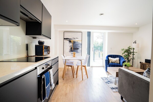 Family Apartment, 1 King Bed with Sofa bed, Non Smoking, Patio | Private kitchen | Electric kettle, toaster