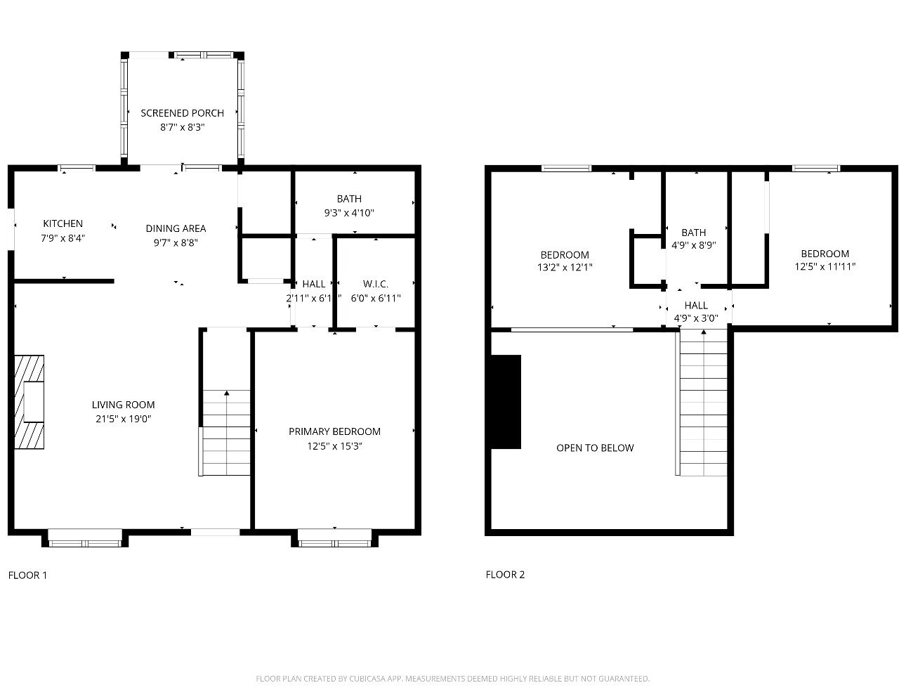 Deux plans d’étage d’une propriété comprenant un salon, une cuisine, un coin repas, une véranda, une salle de bain, une chambre principale et deux chambres.