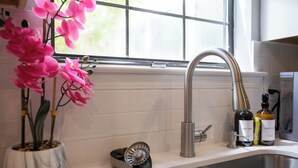 A kitchen sink with a modern faucet, a potted orchid, and dish soap bottles. - Adorable Bungalow Near Tybee Beach (Savannah)