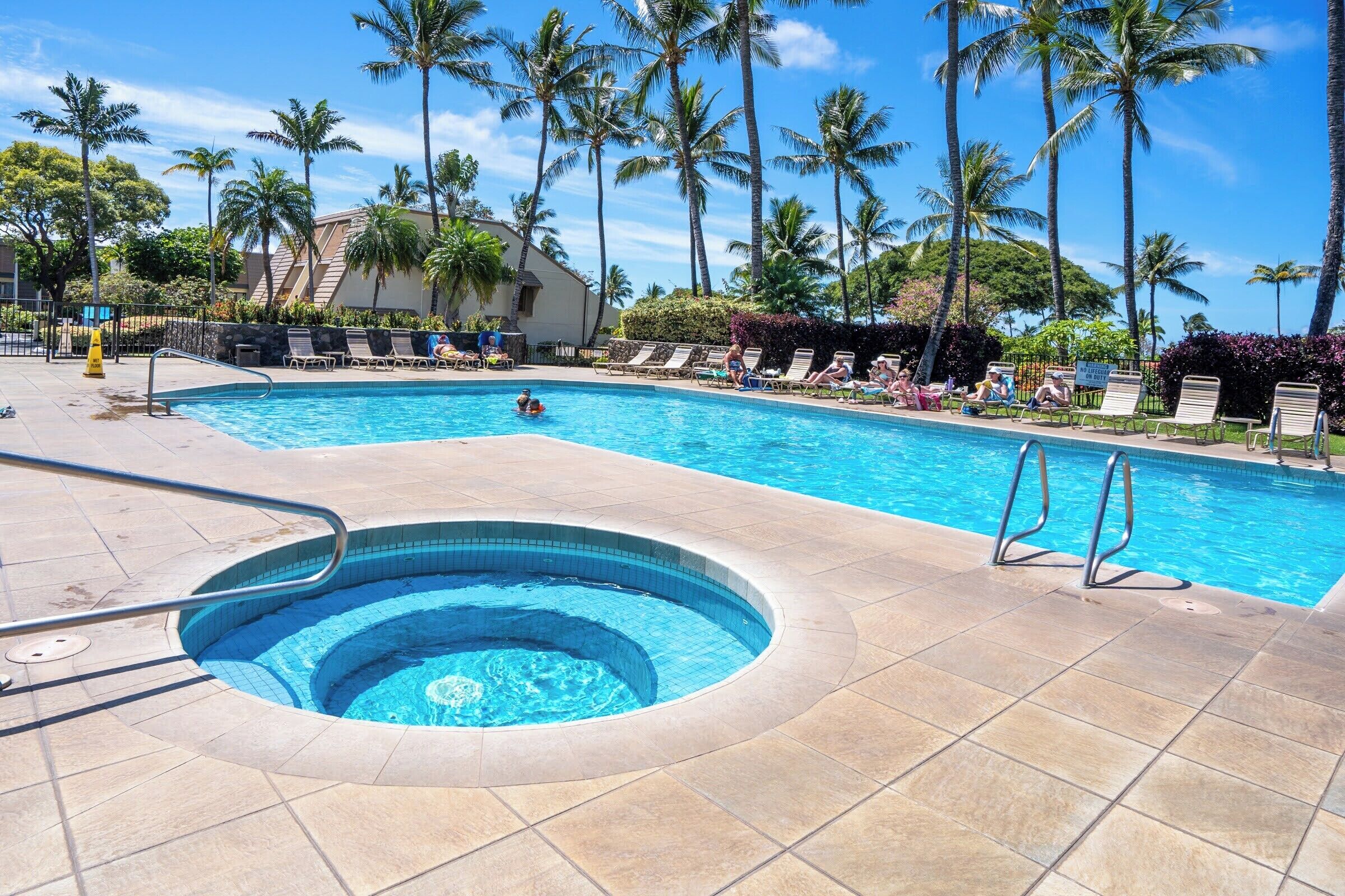 Ein Swimmingpool mit Whirlpool, umgeben von Liegestühlen und Palmen.