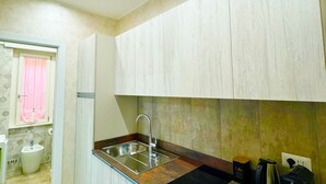 A modern kitchen with a stainless steel sink, wooden cabinets, and a stone backsplash. - La Palmetta (Near Metro A) (Roma)
