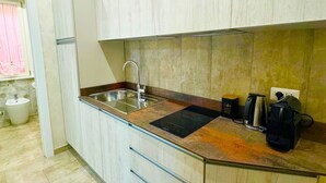 A modern kitchen with a stainless steel sink, a black induction cooktop, and a coffee maker. - La Palmetta (Near Metro A) (Roma)