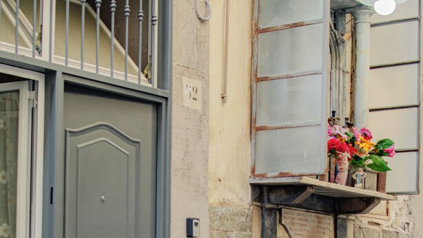 A grey door with a small window, a metal railing, and potted plants on the ground. - MIMI HOUSE IN THE HISTORIC CENTRE (Naples)
