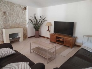 Televisión, chimenea, libros