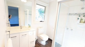 A bathroom with a white sink, mirror, and toilet. There is a window above the toilet and a shower area with a glass door. - Sandy`s Retreat- wineries, sanctuary, pets,main st (Healesville)