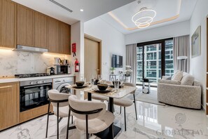 Luxury Apartment, 2 Bedrooms, Air conditioning, City View | Dining room - GLOBALSTAY Azizi Riviera 67 (Dubai)