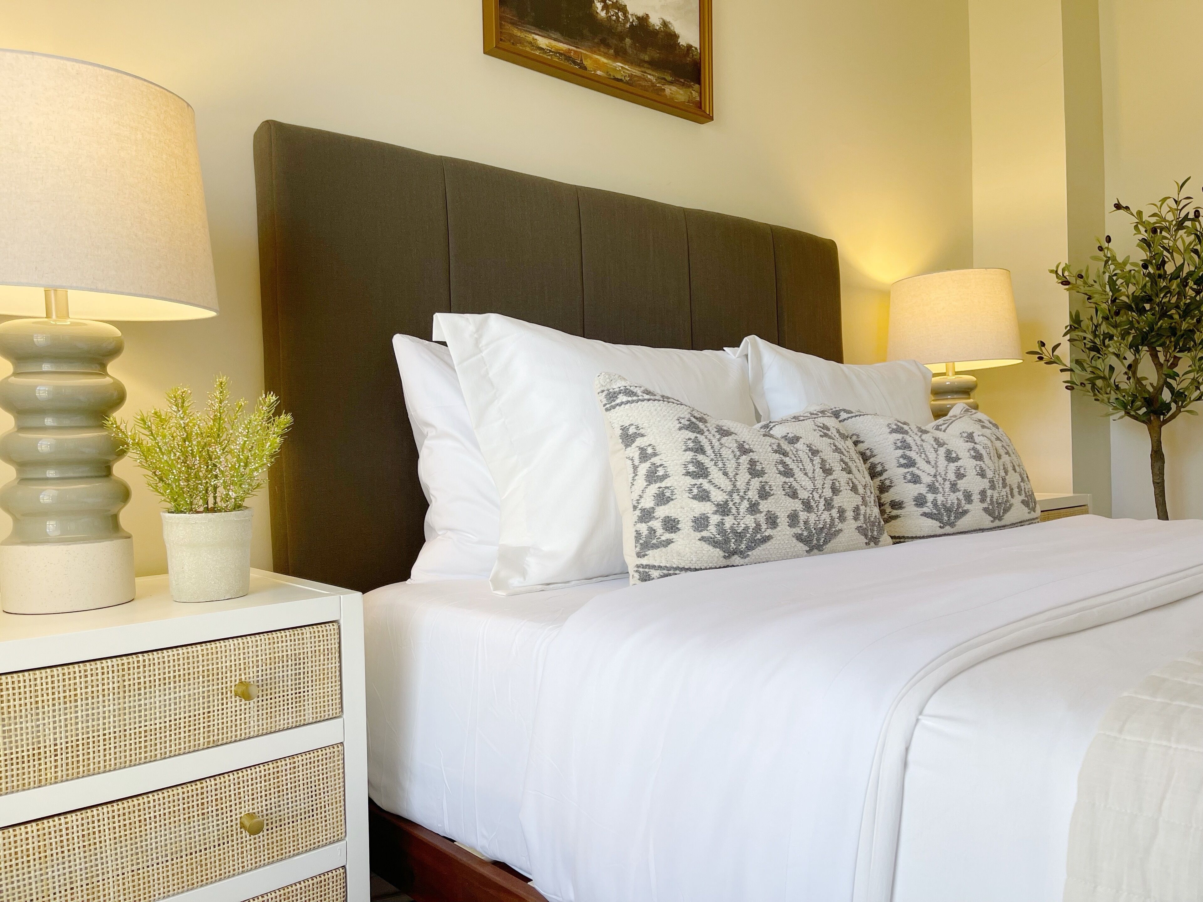 A neatly made bed with white bedding and patterned pillows, flanked by two bedside tables with lamps and a potted plant.