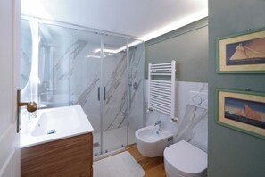Shower, hair dryer, bidet, towels